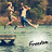 Two people run across a grassy field toward water, with text reading "im gonna muster every ounce of confidence i have and cannon ball into the water" in cyan pixelated font.