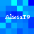 Pixelated blue background with four identical white text instances reading 'AliciaT9' positioned in corners