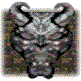 Two side-by-side pixelated devil head icons with horns, closed eyes on left and glowing orange eyes on right.