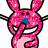 Pixelated pink cartoon rabbit with blue nose covering one eye, surrounded by text fragments on a white background.