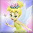 Pixelated character with blonde hair in a bun, wearing a green dress and floral headpiece, holding a wand with a glowing tip against a pastel gradient background.