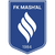 Blue shield-shaped icon with white stylized flame-like symbol in center and pixelated text at top.