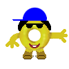 A yellow donut-shaped character with blue cap, black hair, sunglasses, brown shoes, and red mouth in four variations showing arm and hand pose changes.