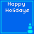 Blue square icon with white pixelated text 'Happy Holidays' and a cyan snowman graphic in the bottom-right corner.