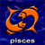 A 50x50 pixel animated contact sheet showing two frames of a Pisces zodiac icon with orange fish symbols and text on a blue background.