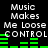 Pixelated text displays "Music Makes Me Loose CONTROL" with green audio equalizer bars on a black background, repeated in two