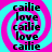 A static image with four identical quadrants featuring alternating black text 'caillie' and 'love' over a cyan-pink spiral background.