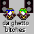 Pixelated icon with two figures in brown outfits holding white objects, below text reading 'da ghetto bitches' on gray background.