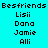 Pixelated text displays 'Befriends' above four names on a cyan background with alternating white and cyan