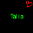 Red pixelated heart symbol above two green 'Talia' text instances on black background.