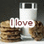 Stacked cookies and a glass of milk with text overlays reading 'I love', 'milk +', and 'cookies' across three