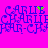 Pixelated blue text on bright pink background with scattered green dots, showing repeated 'CARLIE CHARLIE' and 'FAR-CH' lettering in a layered, overlapping style.