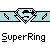 Pixelated icon features a light blue diamond-shaped emblem with black 'S' symbol, flanked by checkered patterns on a horizontal band above text reading "SuperRing" in blocky font.