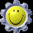 Three identical static frames of a yellow smiley face icon with gear-like purple border on black background, arranged in 2x2 contact sheet layout with one gray placeholder cell.