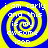 A static image with a blue and yellow spiral background and white text reading "i am carly and this is my awesome icon" arranged in a of four identical