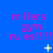 Blue background with pink text 'millers gym rules!!!!!' and yellow star-like symbols in a pattern