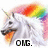 A white unicorn with a rainbow mane and tail, mouth open in a smile, against a white background with rainbow gradient accents.