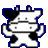 Pixelated cow icon with black-and-white patches, blue outline, and four distinct poses showing arm positions changing from raised to side.