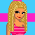 Pixel art contact sheet showing multiple frames of a cartoon female character in pink and blue with text elements on a grid background.