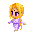 A 4-frame pixel art animation of a blonde character in purple attire with varying poses and expressions on a gray background.