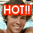 A pixelated image of a smiling person with brown hair, featuring red 'HOT!!' text in the top-left corner and a light blue background.