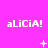 A bright pink background displays three of 'aLiCiA!' text with varying symbols between them, including plus signs and asterisks