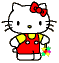 Pixelated white cat with red bow, yellow shirt, and red overalls holding colorful star-shaped objects against gray background.