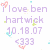 Pixelated text reads 'I love ben hartwick 10.18.07 <333' with pink heart symbols and scattered cyan/green pixel clusters on white background.