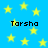 Blue background with yellow stars and repeated text 'Tarsha' in black pixelated font.