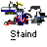 A contact sheet of 10 animated frames showing a pixel art band performing, with the text "Staind" beneath each frame on a gray background.