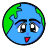 Pixelated blue globe with green landmasses, wide eyes, and a red mouth forming an open expression.