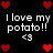 Pixelated icon with repeated text "I love my potato!!" and heart symbols on black background, showing no visible animation changes.