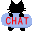 Pixelated black cat silhouette with blue cloud-shaped background and red 'CHAT' text, two identical frames side-by-side.