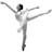 Pixelated grayscale icon of a ballet dancer in arabesque pose with one leg extended behind and arms outstretched.