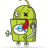 Pixelated green robot with one eye, a black X for the other eye, red tongue sticking out, and blue-and-white circular chest emblem on gray background.