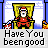 Santa Claus in red suit and hat sits on golden throne with blue pillars, holding candy cane, with 'Have You been good' text below.
