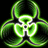 Green and white pixelated biohazard symbol with three curved arms on black background.