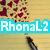 Pixelated icon with blue 'RhonaL2' text over a wooden background, featuring scattered red and purple shapes.