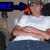 A person in a white shirt and blue jeans sits with arms crossed, wearing a cap and glasses; the top-left text changes from 'ME ->' to empty.