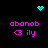 Pixelated cyan heart and starburst icons above pink text reading 'abanob' with '<3 ily' below, displayed in a four-quadrant on black background