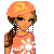 Pixel art of a female character with orange headwrap, large hoop earrings, and blue jeans, with the word 'Loving' in orange text below.