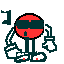 Pixelated red circular character with dark green limbs and accessories, wearing sunglasses, standing against gray background with musical notes.
