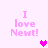 Pixelated pink text "I love Newt!" appears in four corners with a central heart that changes color from bright magenta to light pink.