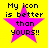 Four identical pixelated images of a bright yellow background with a pink star and black text reading "My icon is better than yours!!" arranged in a