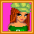 Pixel art contact sheet showing five frames of an animated icon featuring a cartoon woman with red hair, green top, blue skirt, and floral knee-high socks against pink background.