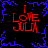 Four identical red 'I LOVE JULIA' text blocks arranged in a on black background with blue pixelated border, each block has slight vertical misalignment