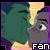 Pixelated static image of a stylized character with green hair and yellow highlights, wearing dark clothing against a purple background.