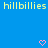 Blue background with yellow text 'hillbillies' repeated twice at top, two pink pixelated hearts at bottom center and bottom right.