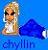 Pixelated static buddy icon featuring a blonde doll-like figure with large eyes and blue background elements including text.