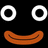 Pixelated face with large white circular eyes and a wide orange curved mouth on black background.